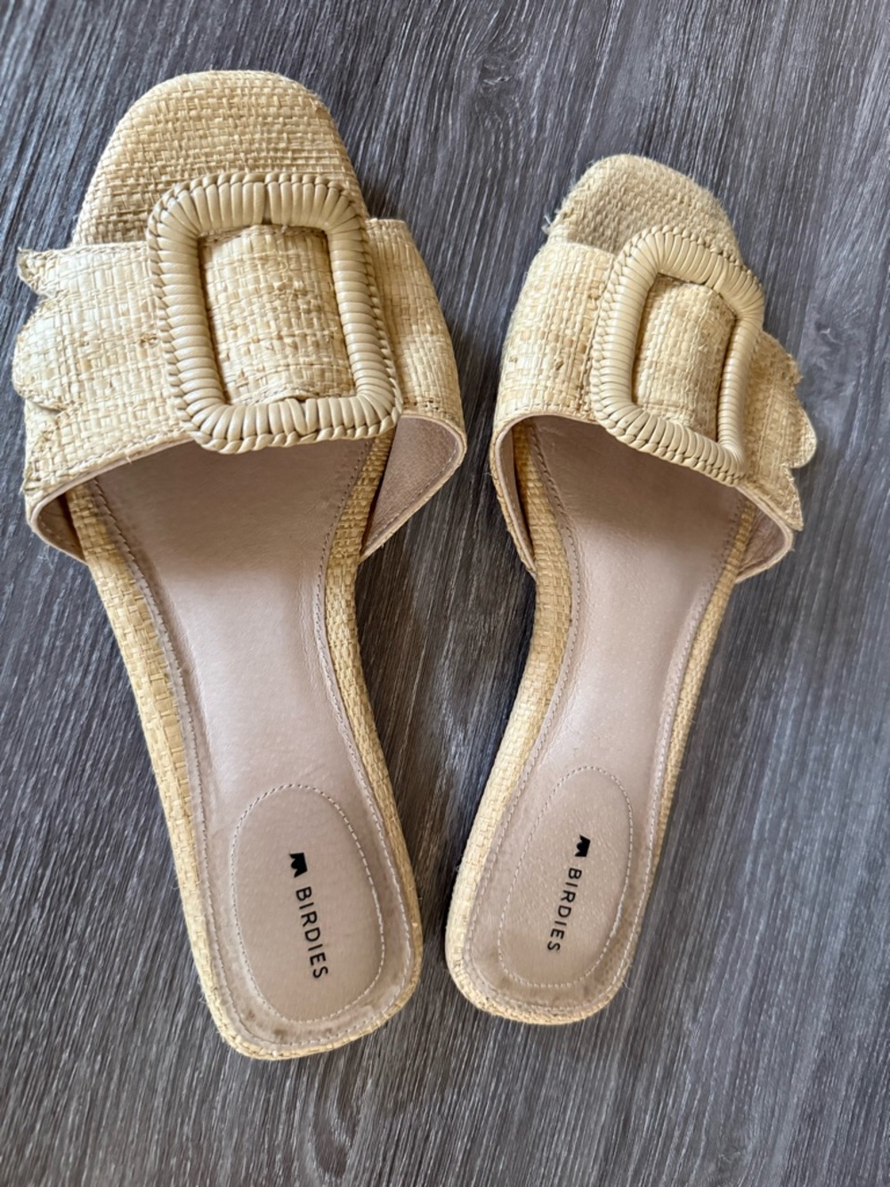 Birdies Natural Raffia Slide Mules with Woven Buckle